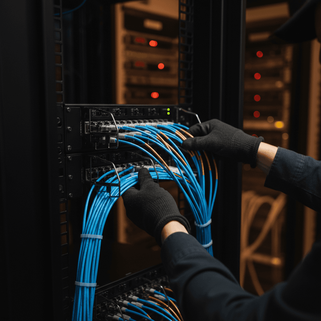 Network technician configuring fiber optic cables