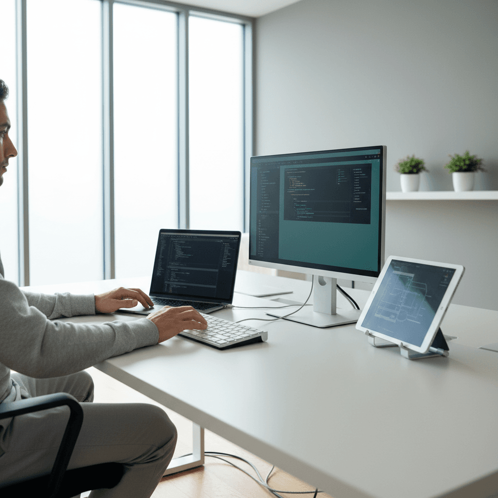 Technician configuring multiple home devices