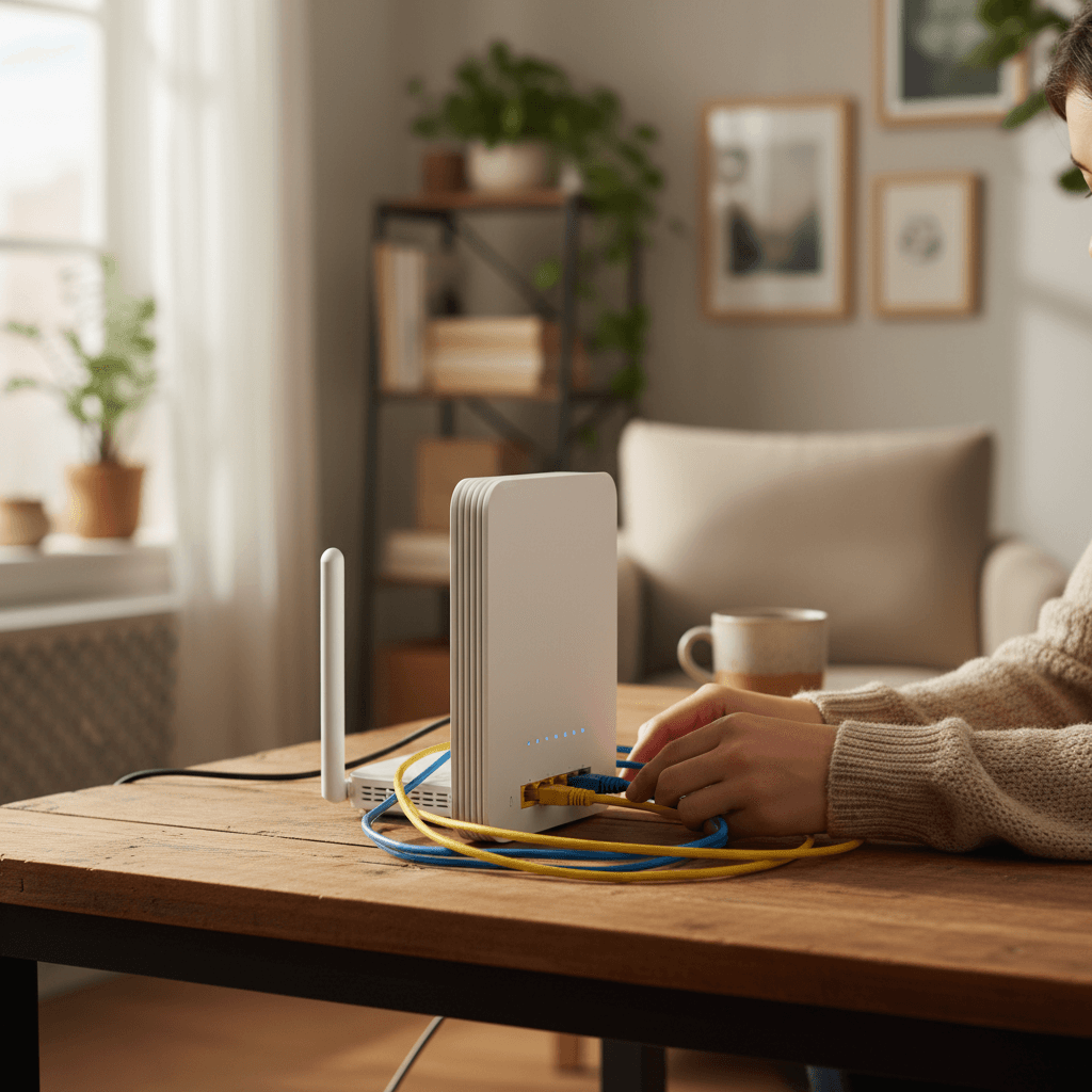 Home network setup with router and cables