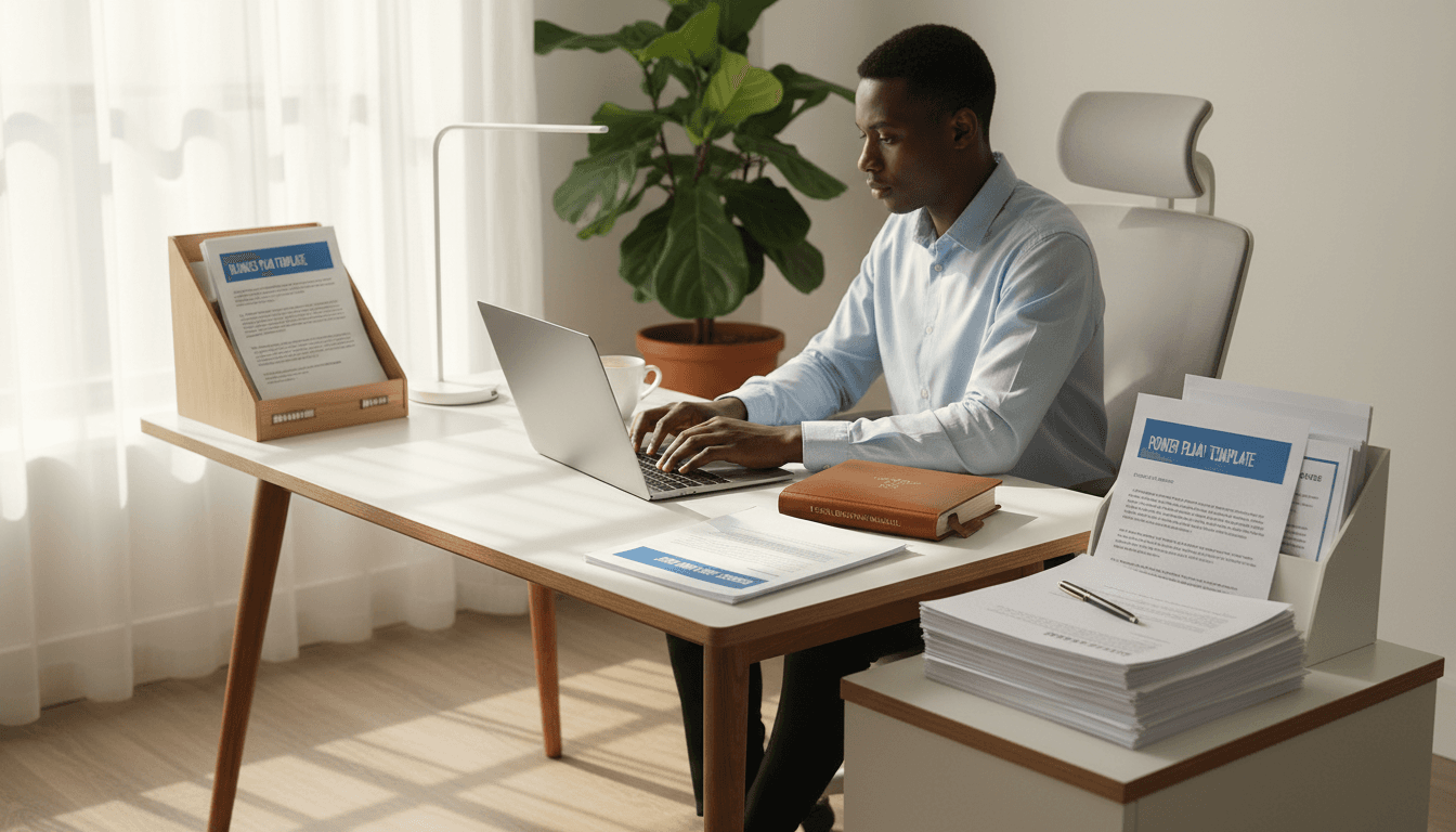 Small business owner working at home office desk with legal document templates, guides, and laptop in organized workspace